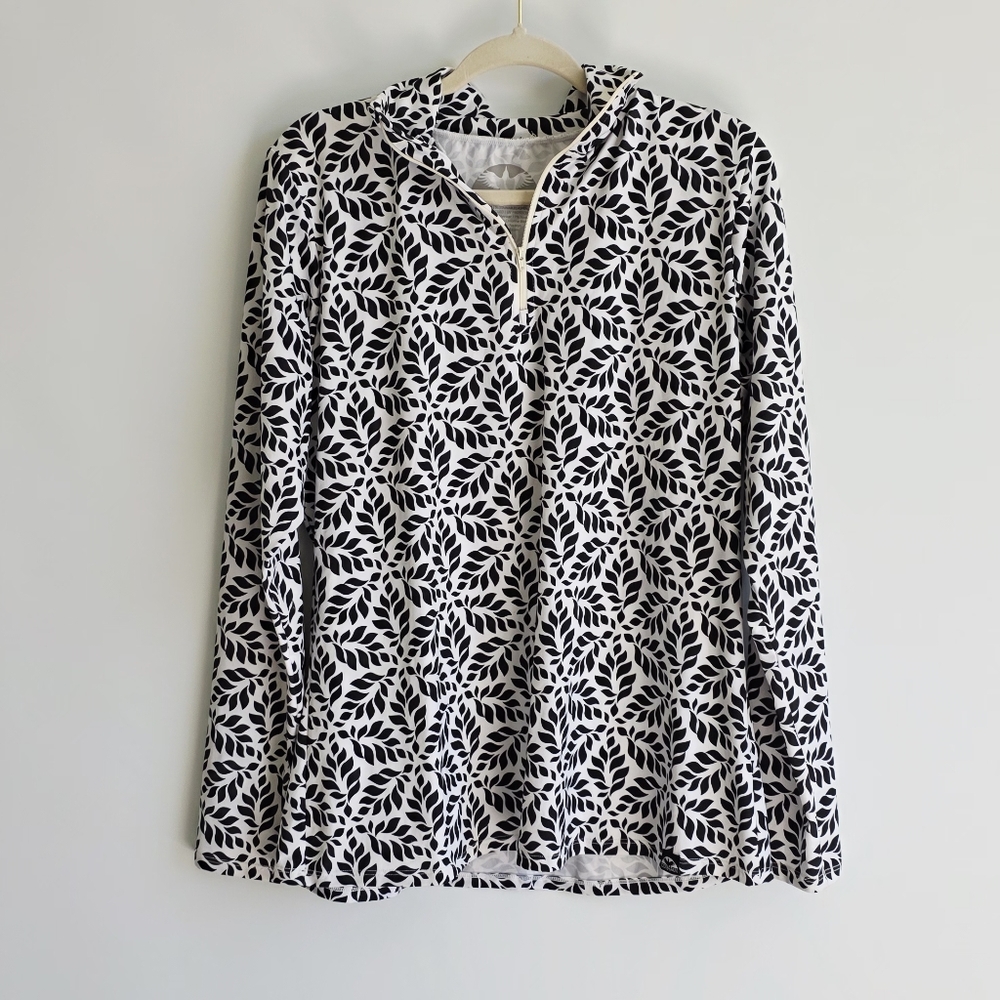 Corbeaux Black And White Half Zip Pullover Leaf Print Women Athletic Top Size XL